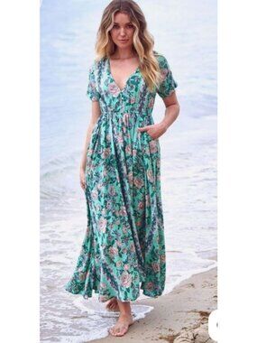 JAASE Carmen Maxi Dress Medium Emerald Green Floral Boho Button Front Pockets